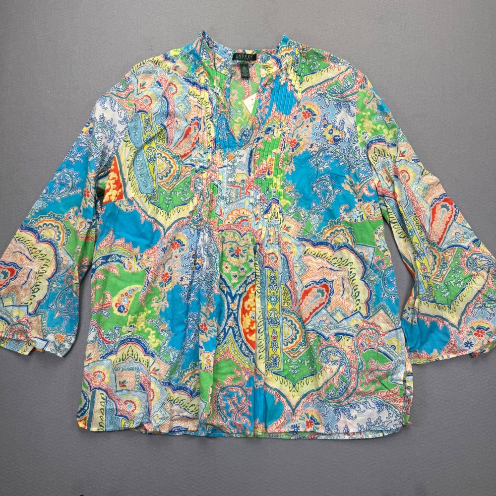 Lauren Ralph Lauren 2X Paisley Pintuck Cotton Henley Blouse NWT Multicolor